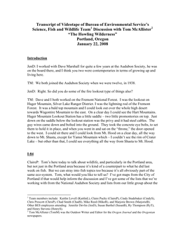 Discussion with Tom Mcallister2 “The Howling Wilderness” Portland, Oregon January 22, 2008