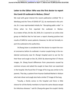 Who Was the First Doctor to Report the Covid-19 Outbreak in Wuhan, China?