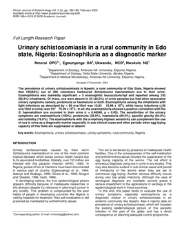 Urinary Schistosomiasis in a Rural Community in Edo State, Nigeria: Eosinophiluria As a Diagnostic Marker