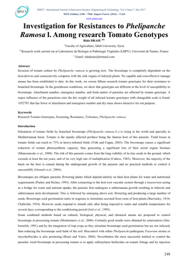 Investigation for Resistances to Phelipanche Ramosa L. Among Research Tomato Genotypes