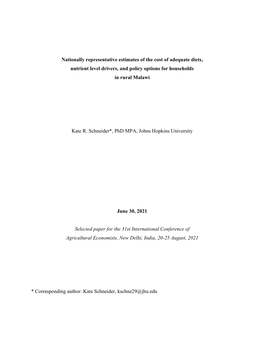 Nationally Representative Estimates of the Cost of Adequate Diets, Nutrient Level Drivers, and Policy Options for Households