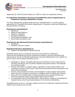 To Individuals Interested in Serving As Texasaim Plus Severe Hypertension in Pregnancy Learning Collaborative Faculty