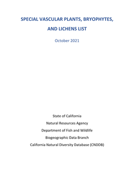 Special Vascular Plants, Bryophytes, and Lichens List