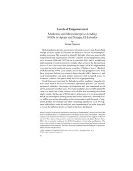 Levels of Empowerment Marketers and Microenterprise-Lending Ngos in Apopa and Nejapa, El Salvador by Serena Cosgrove