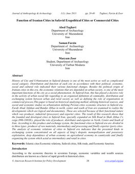 Function of Iranian Cities in Safavid Erapolitical Cities Or Commercial Cities