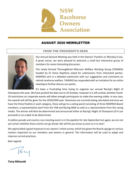 AUGUST 2020 NEWSLETTER Tony Mitevski