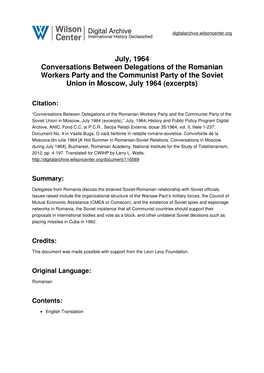 July, 1964 Conversations Between Delegations of the Romanian Workers Party and the Communist Party of the Soviet Union in Moscow, July 1964 (Excerpts)