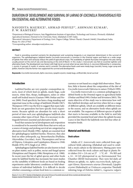 Duration of Development and Survival of Larvae Ofcoccinella Transversalisfed on Essential and Alternative Foods