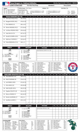 Texas Rangers Vs. Oakland Athletics Monday, August 20, 2018 W7:05 P.M