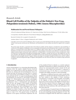 Research Article Blood Cell Profiles of the Tadpoles of The