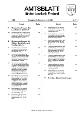 Inhalt Seite A. Bekanntmachungen Des Landkreises Emsland B