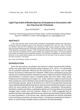 Light Trap Catch of Beetle Species (Coleoptera) in Connection with the Chemical Air Pollutants