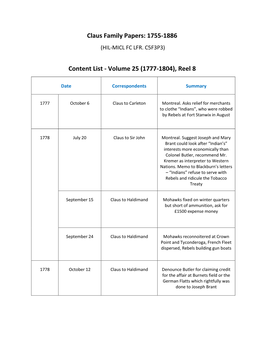 Claus Family Papers: 1755-1886 Content List