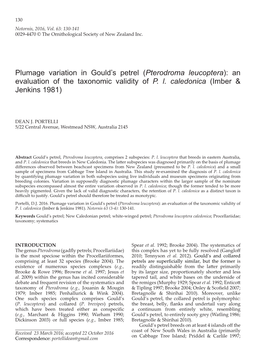 Plumage Variation in Gould's Petrel (Pterodroma Leucoptera): an Evaluation of the Taxonomic Validity of P