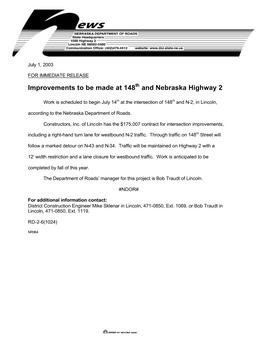 Improvements to Be Made at 148 and Nebraska Highway 2