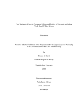 The Precursors, Politics, and Policies of Wisconsin and Federal Work-Based Welfare Reform Dissertation Pr
