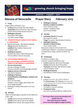 Diocese of Newcastle Prayer Diary February 2019
