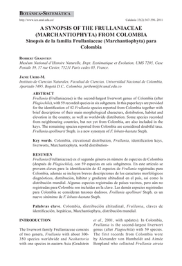 A Synopsis of the Frullaniaceae (Marchantiophyta) from Colombia Sinopsis De La Familia Frullaniaceae (Marchantiophyta) Para Colombia