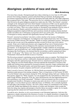 Aborigines: Problems of Race and Class Mick Armstrong Over More Than a Decade, Aboriginal People Have Taken a Battering on Every Front