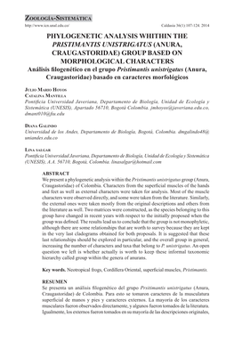 Phylogenetic Analysis Whithin the Pristimantis Unistrigatus (Anura, Craugastoridae) Group Based on Morphological Characters