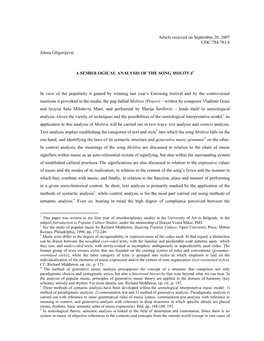 Article Received on September 20, 2007 UDC 784:781.6 Jelena Gligorijević a SEMIOLOGICAL ANALYSIS of the SONG MOLITVA1 in View O