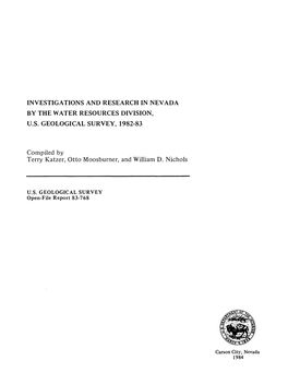 Investigations and Research in Nevada by the Water Resources Division, U.S