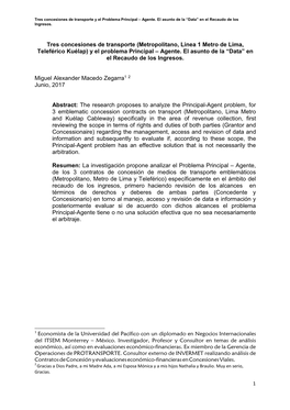Tres Concesiones De Transporte (Metropolitano, Línea 1 Metro De Lima, Teleférico Kuélap) Y El Problema Principal – Agente