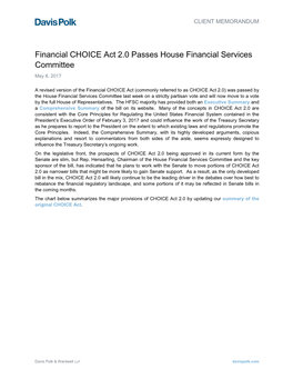 Financial CHOICE Act 2.0 Passes House Financial Services Committee May 8, 2017