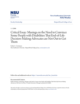 Critical Essay: Musings on the Need to Convince Some People with Disabilities That End-Of-Life- Decision-Making-Advocates Are Not out to Get Them Kathy L