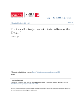 Traditional Indian Justice in Ontario: a Role for the Present? Michael Coyle