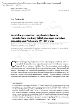 Nazwiska, Przezwiska I Przydomki Młynarzy I Mieszkańców Osad Młyńskich Dawnego Starostwa Brańskiego Na Podlasiu W