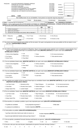 12/99 TIPO 3 Bom Dia/Boa Tarde. Eu Sou Do Datafolha. Você Poderia Me Responder Algumas Perguntas ?