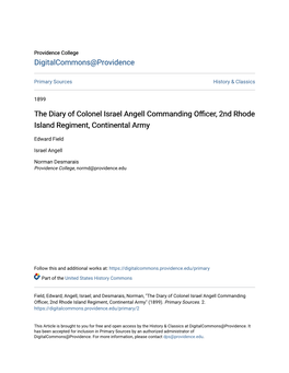 The Diary of Colonel Israel Angell Commanding Officer, 2Nd Rhode Island Regiment, Continental Army