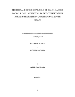 The Diet and Ecological Role of Black-Backed Jackals, Canis Mesomelas, in Two Conservation Areas in the Eastern Cape Province, South Africa