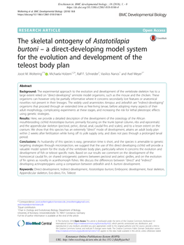 The Skeletal Ontogeny of Astatotilapia Burtoni : a Direct-Developing Model