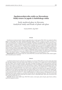 Zgodnjesrednjeveško Steklo Na Slovenskem: Študij Sestave in Jagode Iz Halofitskega Stekla