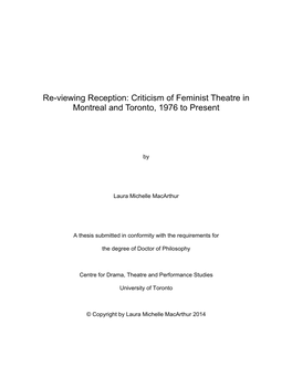 Re-Viewing Reception: Criticism of Feminist Theatre in Montreal and Toronto, 1976 to Present