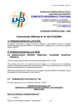 Comunicato Ufficiale N. 61 Del 21/5/2009 COMITATO REGIONALE