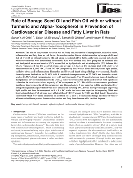 Role of Borage Seed Oil and Fish Oil with Or Without Turmeric and Alpha- Tocopherol in Prevention of Cardiovascular Disease and Fatty Liver in Rats Sahar Y