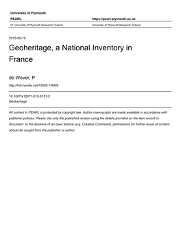 Geoheritage, a National Inventory in France De Wever, P