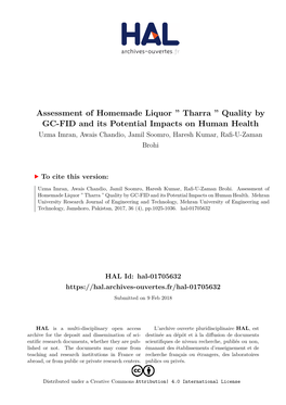 Assessment of Homemade Liquor '' Tharra '' Quality by GC-FID and Its