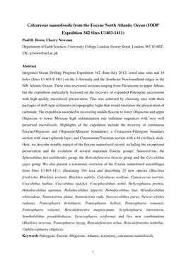 Calcareous Nannofossils from the Eocene North Atlantic Ocean (IODP Expedition 342 Sites U1403-1411) Paul R