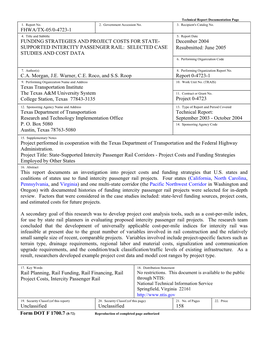 Funding Strategies and Project Costs for State-Supported Intercity Passenger Rail: Selected Case Studies and Cost Data