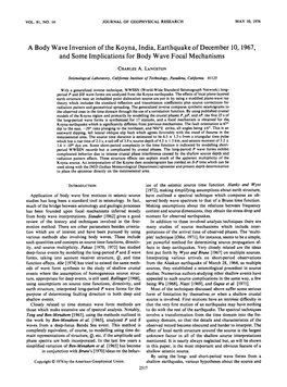 A Body Wave Inversion of the Koyna, India, Earthquake of December 10, 1967, and Some Implications for Body Wave Focal Mechanisms