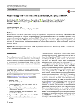 Mucinous Appendiceal Neoplasms: Classification, Imaging, and HIPEC