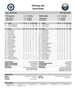 Winnipeg Jets Game Notes