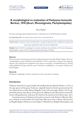 A Morphological Re-Evaluation of Pachyseius Humeralis Berlese, 1910 (Acari, Mesostigmata, Pachylaelapidae)