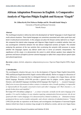 A Comparative Analysis of Nigerian Pidgin English and Kenyan “Engsh”