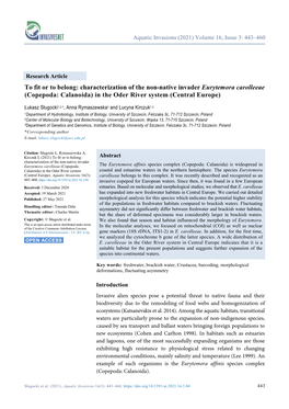 To Fit Or to Belong: Characterization of the Non-Native Invader Eurytemora Carolleeae (Copepoda: Calanoida) in the Oder River System (Central Europe)