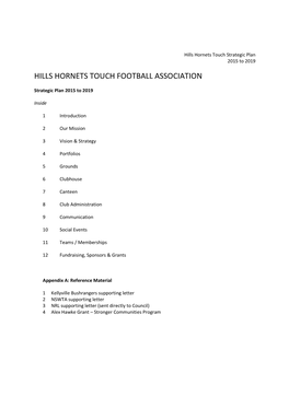 Hills Hornets Touch Strategic Plan 2015 to 2019